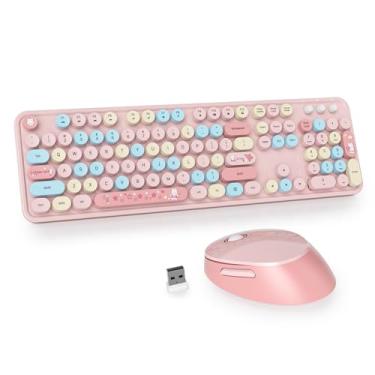 Imagem de Owpkeenthy Teclado e mouse rosa sem fio, lindo teclado de máquina de escrever colorido, tamanho completo com teclado numérico, teclas redondas para desktop, laptop e computador (rosa coloful)