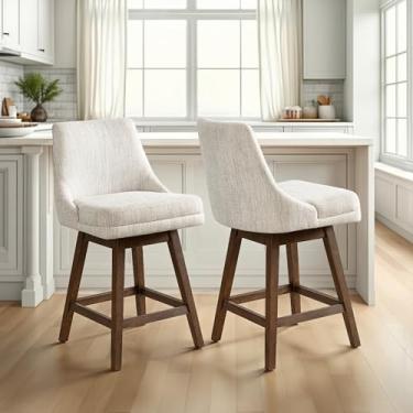 Imagem de Armen Living Banqueta giratória Branson Brown estofada de madeira maciça 66 cm de altura com assento de tecido bege - Conjunto de 2