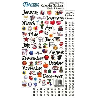 Imagem de Adesivo de calendário com detalhes de papel para mês e número, grande, colorido, planejador essencial, adesivos de calendário incluem meses, números e celebrações de férias em cores.