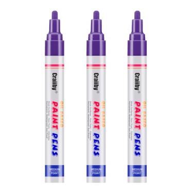 Imagem de Marcadores de tinta roxa, pacote com 3 canetas permanentes à base de óleo, à prova d'água, secagem rápida, para pintura de pedras, madeira, tecido, plástico, tela, vidro, canecas, metal, pneu, pedra