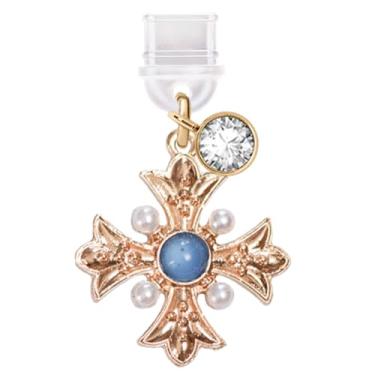 Imagem de ELISE & FONDA TP579 Tipo-C porta de carregamento antipoeira pequena cruz de cristal pingente de telefone celular para iPhone 15/16/Samsung/OnePlus/Xiaomi/oppo telefones Android (azul), approx. 2.8 cm