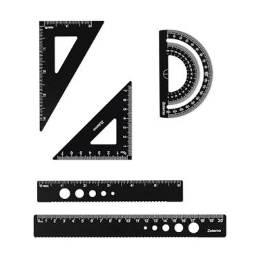 Imagem de Zotemo Conjunto de geometria de metal, régua de alumínio de 5 peças, kit de régua de desenho matemático inclui transferidor, réguas triangulares, réguas retas - ferramentas de medição matemática para