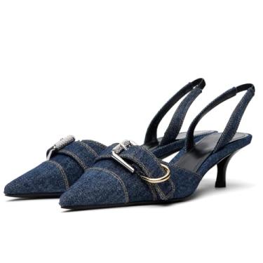 Imagem de Fravonkass Salto gatinho feminino bico fino fechado slingback escarpim confortável salto baixo fivela de metal sapato moderno casamento baile elegante sandália para mulheres, Jeans azul escuro, 37