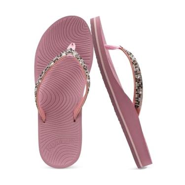 Imagem de KuaiLu Chinelo feminino de strass com suporte de arco confortável tapete de ioga sandálias de almofada moda verão praia viagem ortopédica caminhada tanga sandálias sem cadarço fascite plantar sapatos