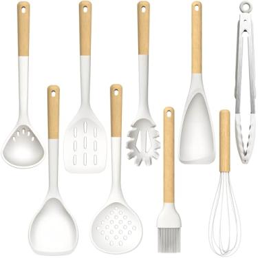 Imagem de Conjunto grande de utensílios de cozinha de silicone – Utensílios de cozinha de silicone resistente ao calor com cabos de madeira, conjunto de espátula, conjuntos de utensílios de cozinha para panelas
