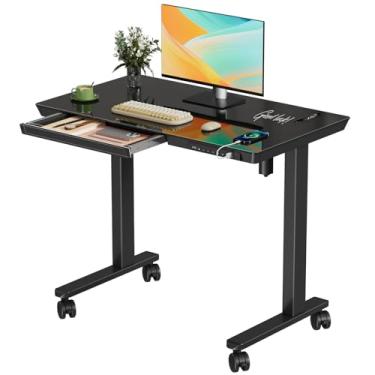 Imagem de JYLH JOYSEEKER Mesa de vidro pequena com gaveta, mesa de mesa elétrica de 89 cm x 50 cm, mesa de mesa elétrica com altura ajustável com portas de armazenamento e USB, mesa de escritório em casa de