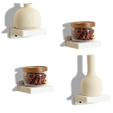 Imagem de Freezing point Pequena prateleira flutuante para parede conjunto de 4 mini prateleiras de parede de madeira natural de 10 cm para decoração de plantas colecionáveis montadas cozinha banheiro quarto canto armazenamento decorativo pequeno suporte branco