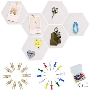 Imagem de YOUDEFUL 6 peças de tiras de quadro de avisos hexagonais brancos, tiras de barra de placa de pino de feltro branco com 50 pinos, tiras autoadesivas de placa de cortiça de feltro para parede para