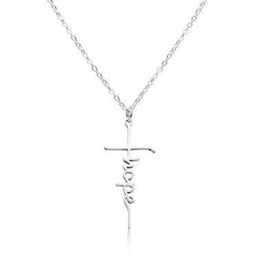 Imagem de Yooborn Colar de cruz para mulheres de aço inoxidável com recorte de esperança e pingente de cruz religiosa fé cristã Jesus joias presentes de dia das mães para família ou amizade.
