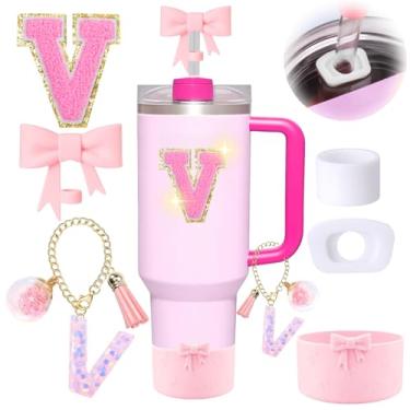 Imagem de 6 peças de acessórios rosa para copo Stanley, decorações para copo de 30/1,134 g com alça, inclui tampa e bota de cobertura de palha de laço, pingente de iniciais, adesivo de letra, tampa à prova de