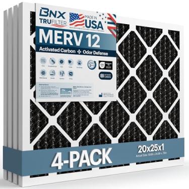 Imagem de BNX Filtro de ar TruFilter 20x25x1 MERV 12 Odor Defense (pacote com 4) com carvão ativado – Feito nos EUA – Filtros plissados de ar condicionado HVAC AC – Remove odor, mofo, bactérias, fumaça
