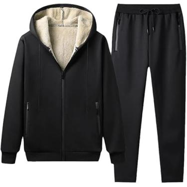 Imagem de Conjunto De 2 Peças Para Homens Moletom Calça De Moletom Fleece Thicken Winter Tracksuit Set Casual Zipper Autumn Sweat Suits, Black, 3XL