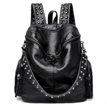 Imagem de Mochila De Viagem Feminina Bolsa De Ombro Retrô Rebites De Couro Mochila De Grande Capacidade, Noir, 28x13x34cm