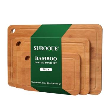 Imagem de SUROQUE Conjunto de 3 tábuas de corte de bambu para cozinha, tábuas de cortar com ranhura de suco e alças embutidas, perfeita para carne, legumes, frutas, presente de cozinha para cozinheiros