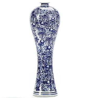 Imagem de Vaso chinês azul e branco, vaso de flores de cerâmica antigo feito à mão, vasos decorativos vitrificados para decoração de casa, mesa, sala de estar, vaso de cauda de peixe (Nº 01)
