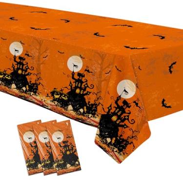 Imagem de HIPVVILD Toalha de mesa de decoração de Halloween, toalha de mesa descartável para festa de Halloween com mansão fantasmas assustadores, abóboras e morcegos para crianças e adultos, uso interno ou