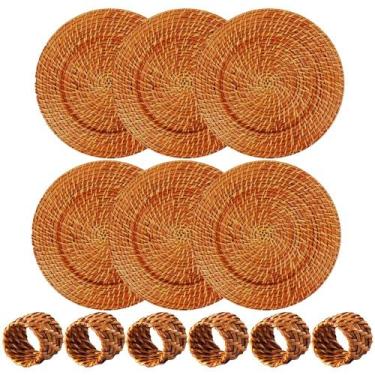 Imagem de Kit 6 Sousplat Rattan Bambu Claro 06 Anel Guardanapo - MUNDIART