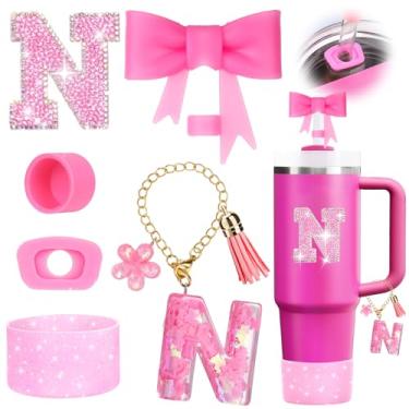 Imagem de Mity rain 6 peças de acessórios de copo rosa para Stanley Cup 850 g 1,134 g - Decoração de iniciais de copo para Stanley, incluindo tampa e bota de palha de silicone, tampa à prova de derramamento