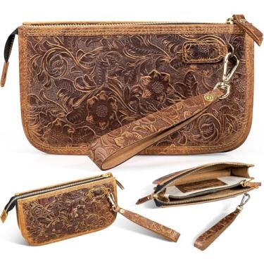 Imagem de RMAWRAD Bolsa de mão de couro genuíno para mulheres bolsa feminina porta-cartão de crédito carteira de telefone bolsas masculinas, Marrom, Small