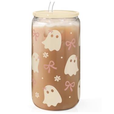 Imagem de Copo de vidro de lata de Halloween de 473 ml com tampa de acrílico e canudo, xícara de café gelado para mulheres e meninas, copos estéticos presentes para festa