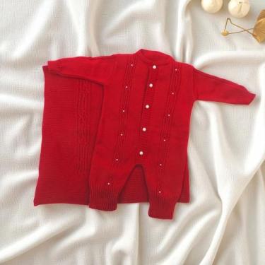 Imagem de Saída Maternidade Tricô Botão de Pérola Macacão + Manta Anti Alérgico 