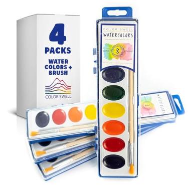 Imagem de Color Swell Pacote com 4 tintas para aquarela com pincéis de madeira, 8 cores laváveis Watecolors são perfeitas para crianças, adultos, festas e salas de aula