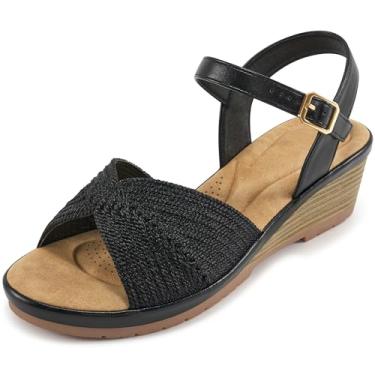 Imagem de HARENCE Sandálias femininas estilosas: confortável bico aberto plataforma baixa plataforma sandália casual verão casamento sapatos, Preto, 35