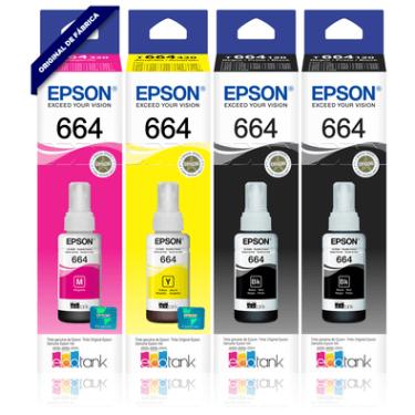 Imagem de Kit 4 Refis Tinta T664 Originais Epson, L110 L120 L200 L300