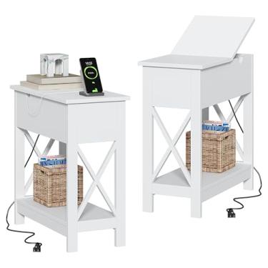 Imagem de ChooChoo Mesa de canto com estação de carregamento, mesa lateral estreita com portas USB e tomadas de energia para espaços pequenos, mesa de sofá para sala de estar, quarto, branca, pacote com 2
