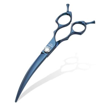 Imagem de Momotou Tesoura profissional de aço inoxidável 440C, curvada, azul fosco, de 17,78 cm, com aderência confortável e fácil de usar para tosadores e uso doméstico