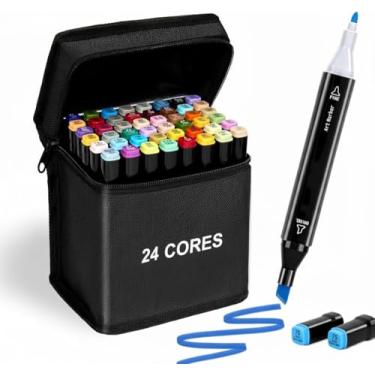 Imagem de Kit Canetinha Colorida 24 Cores – Canetinhas Hidrográficas com Ponta Dupla Fina e Brush para Colorir, Pintar e Desenhar – Estojo Incluso