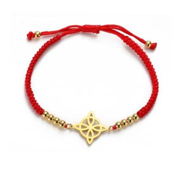 Imagem de UNIFT Pulseira de nó de bruxa para mulheres e homens, aço inoxidável, mágico, nó de bruxaria, com uma miçanga de trama colorida, joia Wiccan ajustável (ouro R)