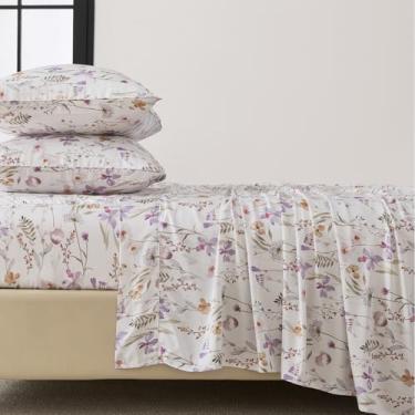 Imagem de FADFAY Jogo de cama casal 100% algodão, 4 peças de roupa de cama com estampa floral lavanda e laranja, lençol com elástico alto, macio e respirável para quem dorme quente, todas as estações