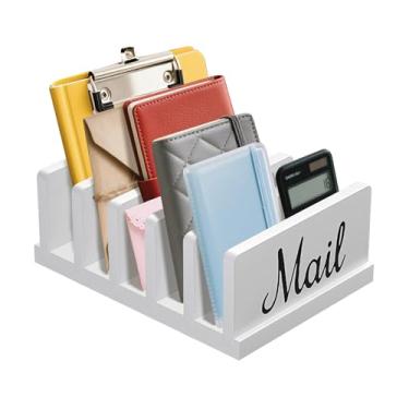 Imagem de KISENG Organizador de correio para mesa, suporte de correio de madeira com divisória, suporte de arquivo classificador de cartas de 5 compartimentos, organizador de notas vertical para documentos