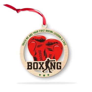 Imagem de Enfeite de Natal de boxe de madeira, luvas de boxe vermelhas, enfeites de árvore de Natal, decoração temática de esporte de combate, presentes de lembrança de kickboxing de MMA para amantes de