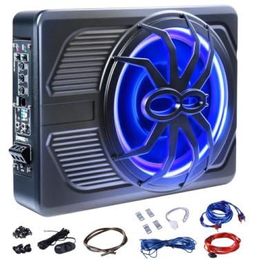 Imagem de Andeman Subwoofer de carro de 1000 W, subwoofer de carro fino alimentado sob o assento de 25 cm com amplificador integrado e entrada Hi/Lo, subwoofer de alto-falante de baixo com luz LED azul