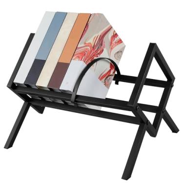 Imagem de Suporte de armazenamento de discos de vinil, suporte de exibição de disco de vinil de metal comporta até 100 LPs preto com divisor móvel de 1 camada prateleira de exibição para álbuns de revistas de