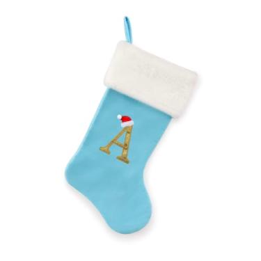 Imagem de AUAWMLK Meia de Natal bordada com letras de 50 cm grossa e luxuosa veludo azul claro com punho de pelúcia super macio, decoração de festival personalizada para Natal e festa de ano novo (letra A)