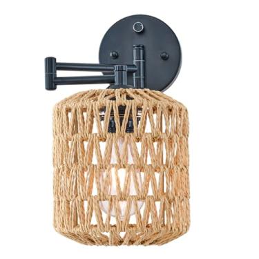 Imagem de zhkung Arandela de parede de vime moderna, lâmpada de parede preta de braço oscilante com abajur de tecido boho e interruptor liga/desliga regulável, luminária de leitura de montagem na parede