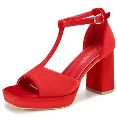 Imagem de Wsheliu Salto plataforma salto grosso plataforma sandálias salto bloco quadrado bico aberto sapato tira tornozelo festa baile vestido vestido sapatos para mulheres, Veludo vermelho, 35
