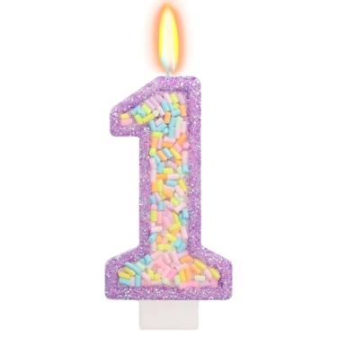 Imagem de ElekFX Vela de aniversário número 1 com granulados, topo de bolo de unicórnio roxo pastel, decorações de festa Sweet Candyland para meninas e meninos 1º aniversário