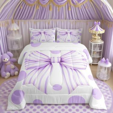 Imagem de Conjunto de edredom infantil de gravata borboleta tamanho casal, conjunto de cama romântico adorável de princesa, decoração de quarto de meninas e meninos, edredom kawaii, conjunto de edredom roxo, 2