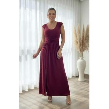 Imagem de Vestido Longo Franzido Acinturado Fenda na Perna - luh may, Vinho, P
