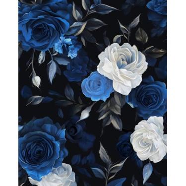 Imagem de BOKEBEVE Papel de parede floral descascar e colar papel de contato vintage boho flor papel de parede para forro de prateleira removível amigável ao locatário preto azul 17,5 x 393,5 pol