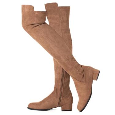 Imagem de N.N.G Botas femininas acima do joelho até a coxa camurça preta bloco baixo 5 cm salto grosso acima do joelho inverno bico fino, Marrom/plano, 40