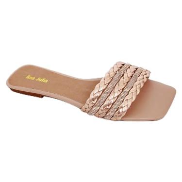 Imagem de Genérico Rasteirinha Feminina, Material Sintético, Tiras Trançadas com Strass, Estilo Casual, Solado em Borracha, Salto 1cm, Uso Diário (Bronze, BR, Adulto, Numérico, 38)