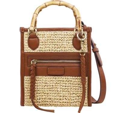 Imagem de Sacola Tommy Bahama Raffia com alça de bambu, bolsa de verão estruturada com alça transversal, bolsa de praia e resort, conhaque e natural