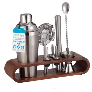 Imagem de BIRDROCK HOME 10 Piece Bartender Kit with Wood Stand | Acacia | Professional Grade Stainless Steel Cocktail Set | Home Bar Tools | Gifts for Him | Shaker Bottle Opener