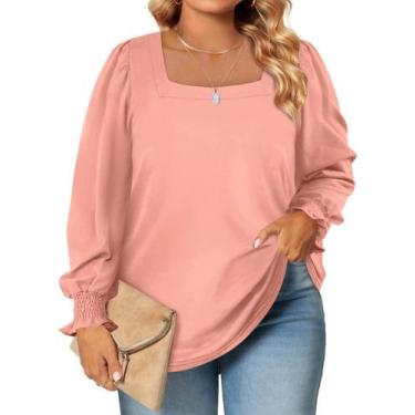 Imagem de Blusa Eytino Plus Size com gola quadrada, manga comprida, rosa 2X