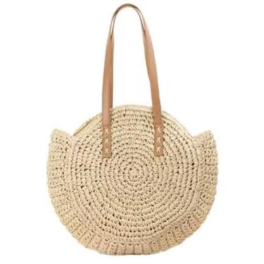 Imagem de Bolsa de Palha Redonda Grande para Praia | Bolsa de Ombro Feminina para Férias, Festas e Passeios(S-5023 Bege)